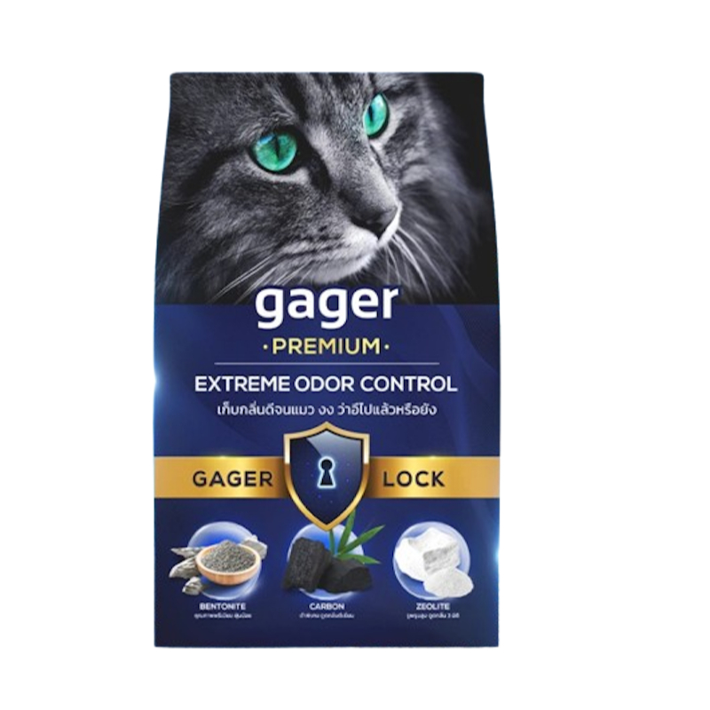 Gager Premium Extreme Odor Control ซึ่งเป็นทรายแมวประเภท เบนโทไนท์ (ภูเขาไฟ) ที่เน้นเทคโนโลยีการล็อคกลิ่น
